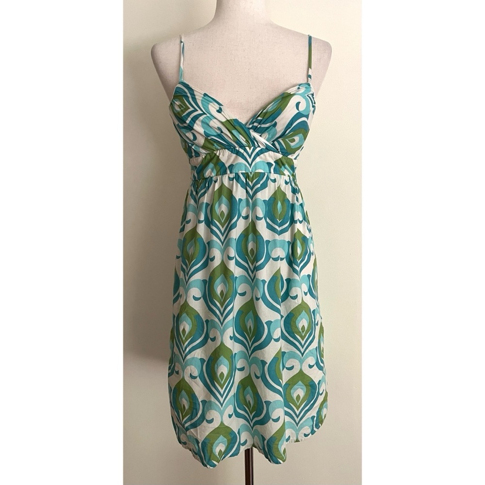Vintage Y2K Cotton Babydoll Dress Sweetheart Neckline Blue Green Sz XS-S